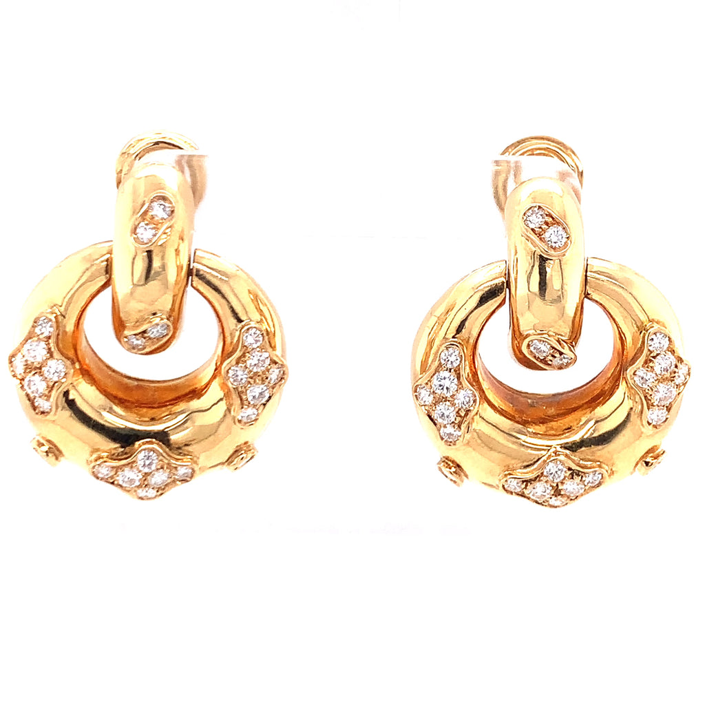 Diamond Doorknocker 18K Yellow Gold Earclips, circa 1970s