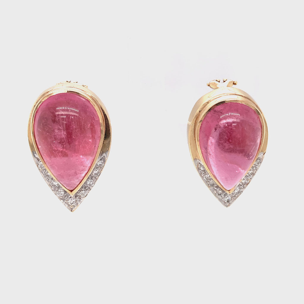 Pink Tourmaline and Diamond 14K Yellow Gold Earrings, circa 1970s