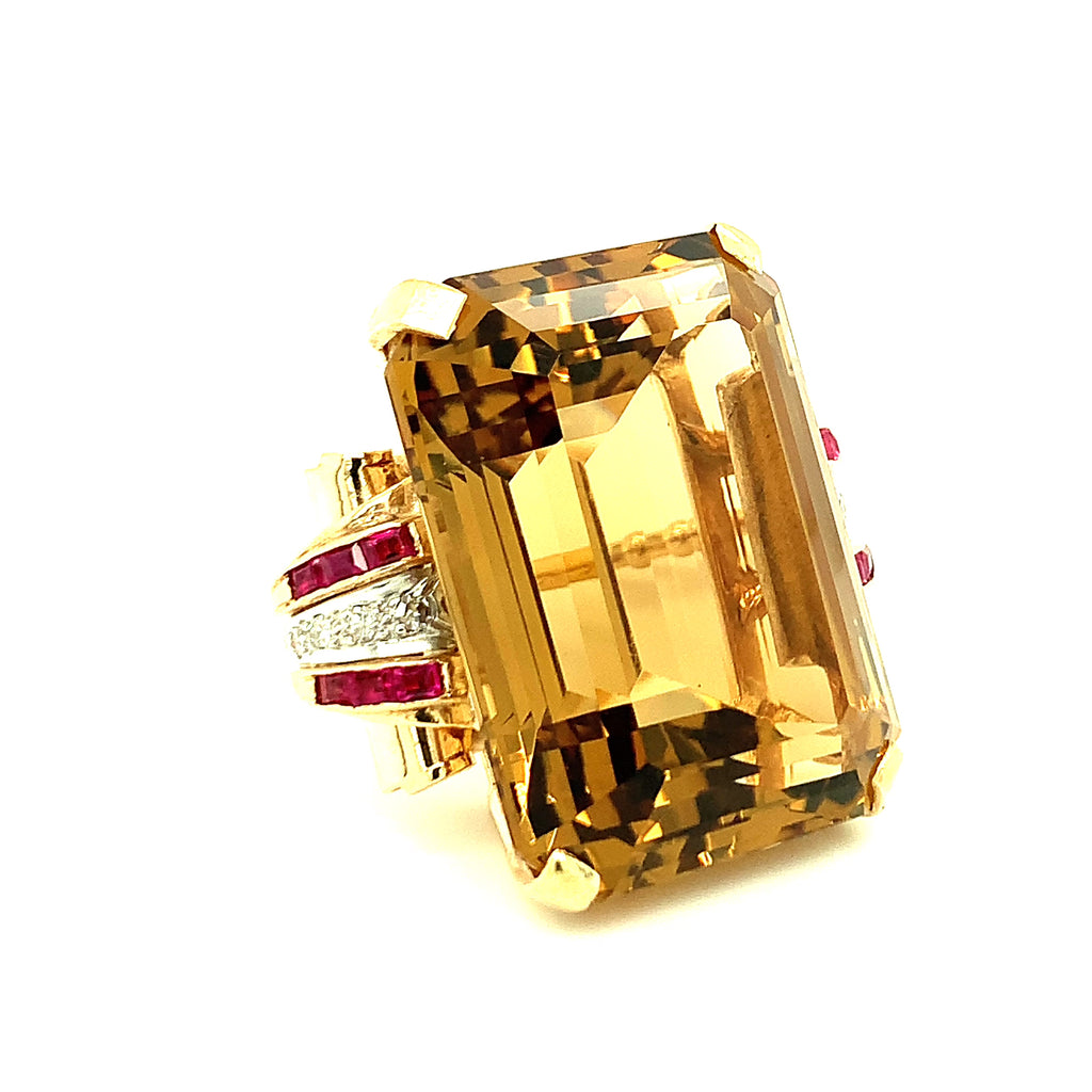 Retro Citrine, Ruby and Diamond 14k Gold Cocktail Ring, circa 1940s