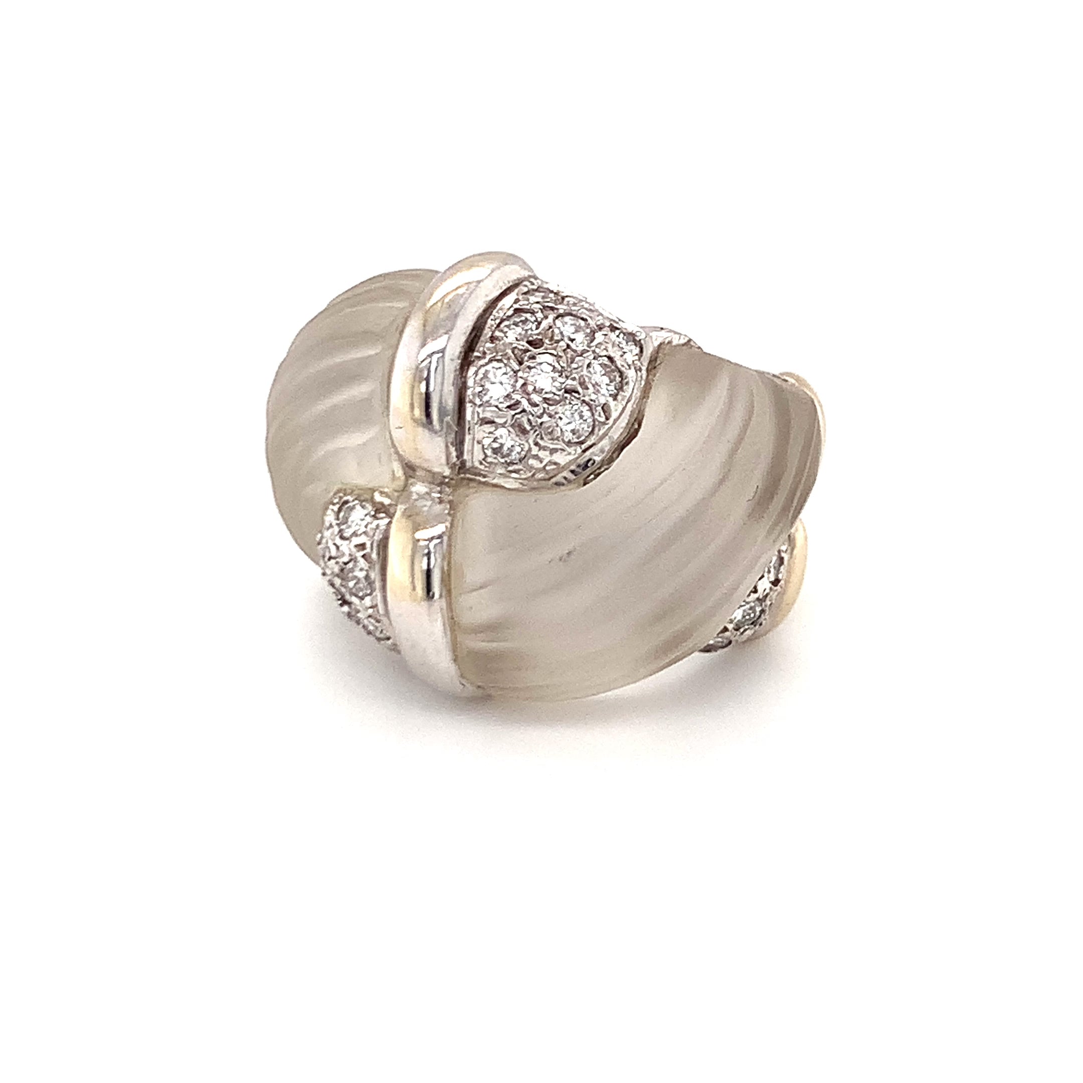 Fluted Rock Crystal Quartz and Diamond 18k White Gold Cocktail Ring, circa 1970s