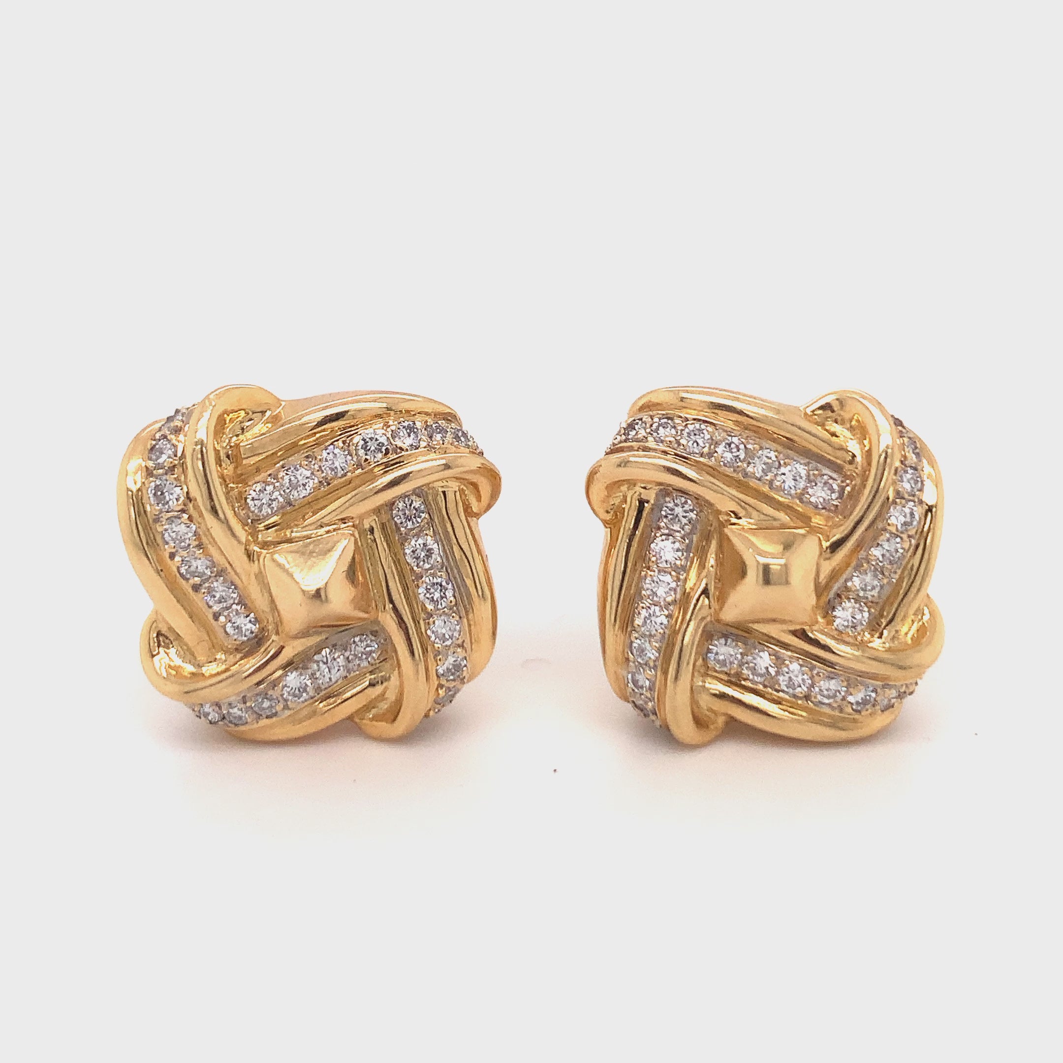Diamond 18k Yellow Gold Knot Earclips, circa 1960s